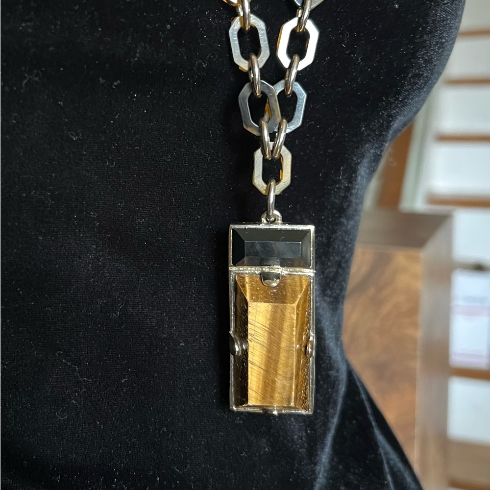 Funky Vintage Statement Pendant Necklace Gold Black Tiger Eye Retro Unisex - Picture 3 of 8